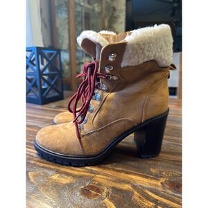 Nine West Heeled Work Boot Tan Suede Sherpa Lined Women 8.5 W Zip & Lace